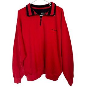 Field Gear Sport Men XL Red Quarter-Zip Pullover Sweatshirt Black Striped Collar